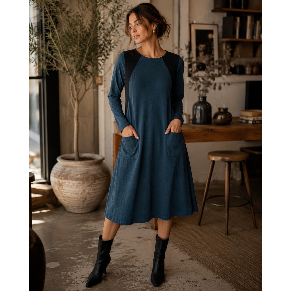eShakti Dress Womens 4 Blue Green Fit and Flare Mod Retro Academic Minimalist